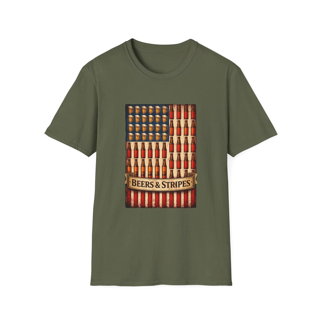 Beers & Stripes American Flag beer bottle design T-Shirt | Patriotic beer tee