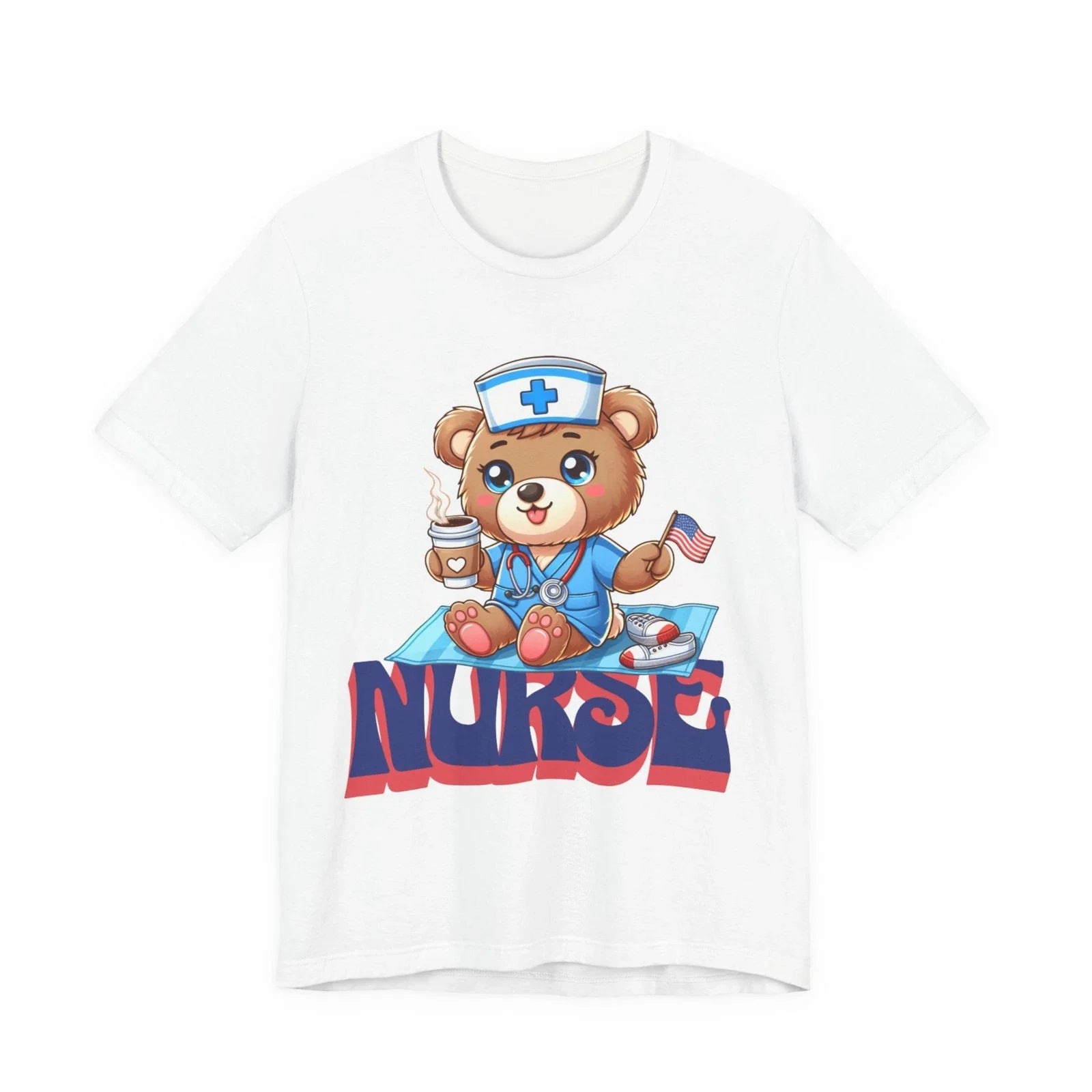 Cute Nurse Teddy Bear Tee | Coffee, Stethoscope, Medical Cute Design Unisex , , , Long Sleeve Tee