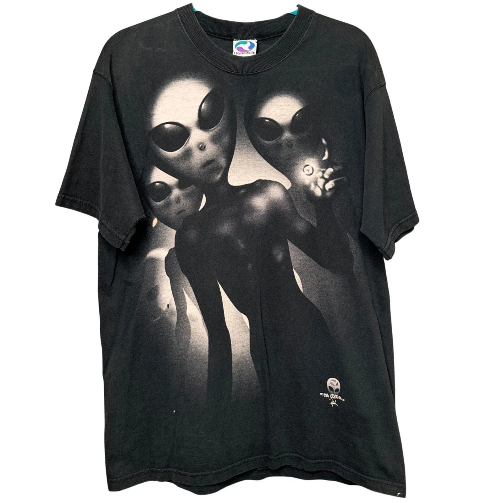 Vintage 1996 Liquid Blue Alien UFO Graphic AOP Black Mens Large USA Made Unisex , , , Long Sleeve Tee