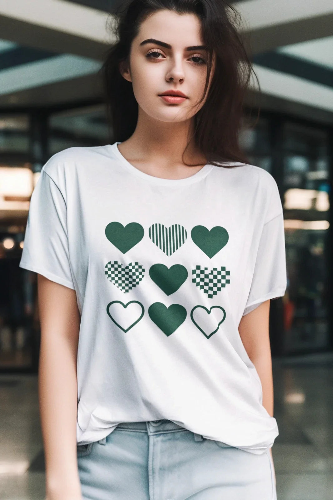 Green Heart Pattern Retro Checkered Graphic Tee Aesthetic Love Design Unisex , , , Long Sleeve Tee