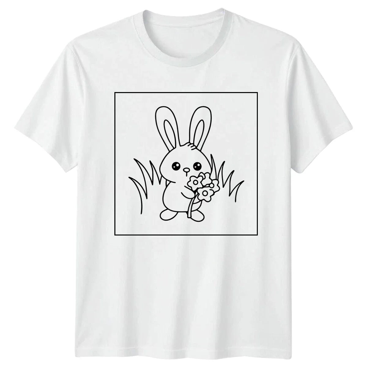 Cute Bunny Rabbit with Flowers Animal Mens Womens Tee Graphic Unisex , , , Long Sleeve Tee