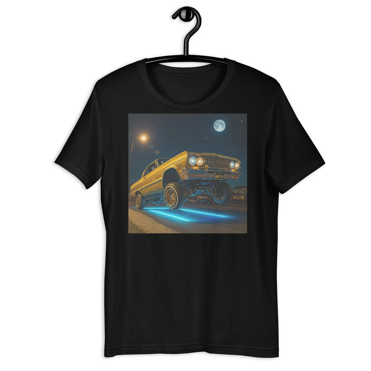 Yellow Lowrider Hopping Car Shirt Neon Night Classic Chicano Style Tee Unisex , , , Long Sleeve Tee