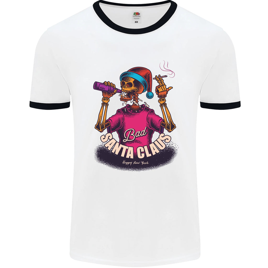 Bad Santa Claus Funny Skull Beer Alcohol Mens Ringer T-Shirt