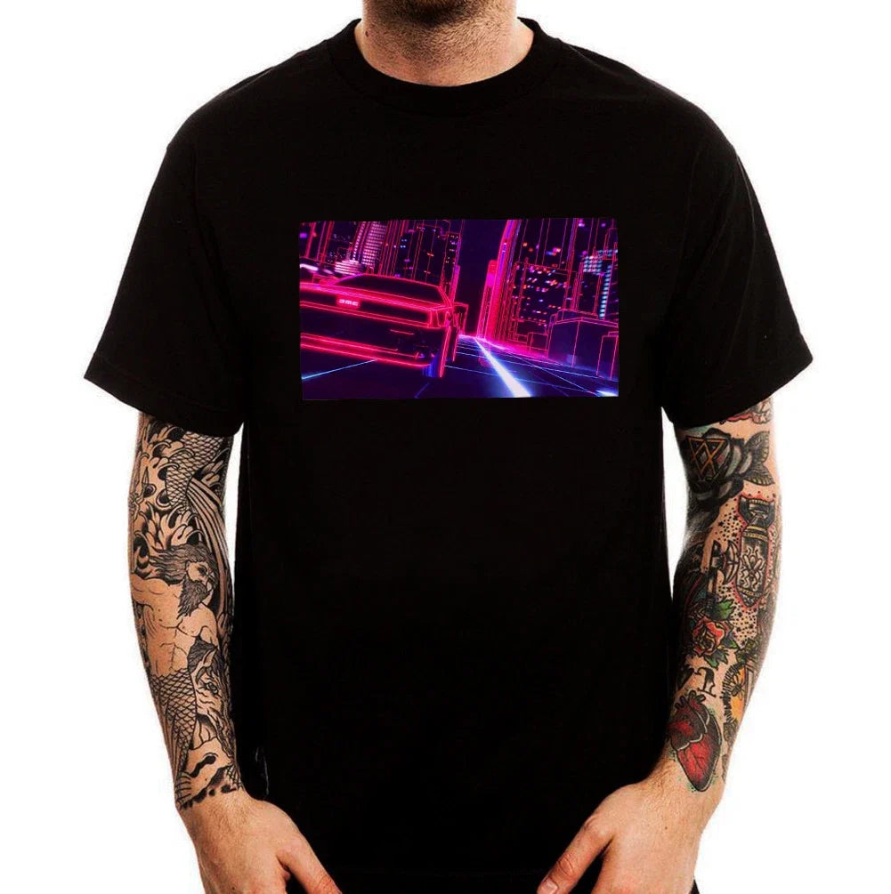 Retro Car Digital Night City Vaporwave Aesthetics Men's Cotton Top Tee Unisex , , , Long Sleeve Tee