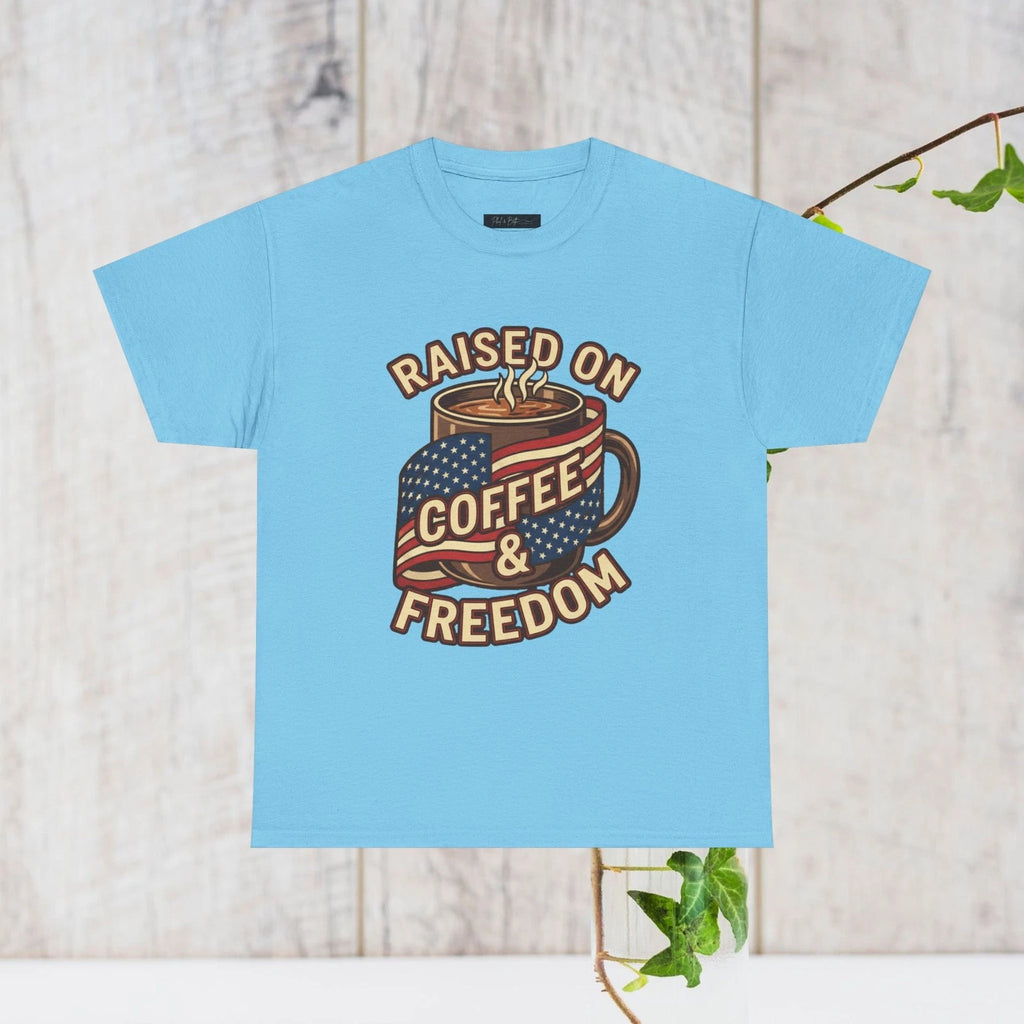 Raised on Coffee & Freedom Graphic T-Shirt Patriotic Cotton Tee for Men