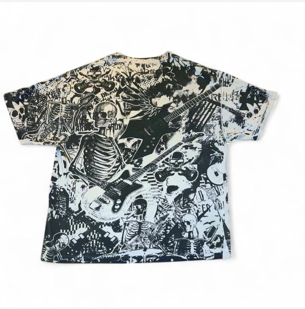 Y2K Grey Star Skeleton Guitar All Over Print Tee - Affliction Style - Size XL Unisex , , , Long Sleeve Tee