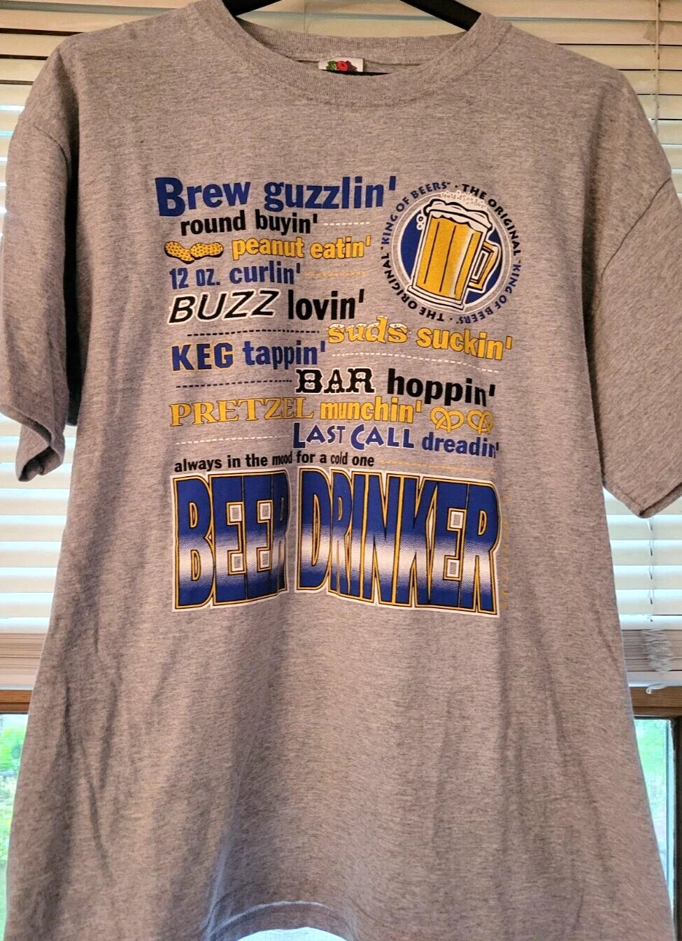Mens Beer Drinker t-shirt, size L, Gray Fruit of the Loom short sleeve Cute