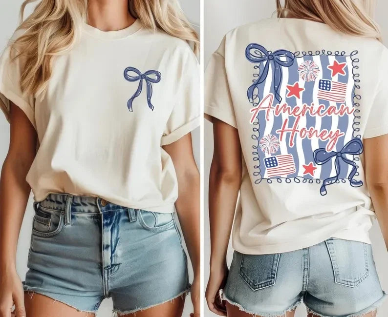 American Honey Patriotic Bow Flag Stars Cute Summer Graphic T shirt Unisex , , , Long Sleeve Tee