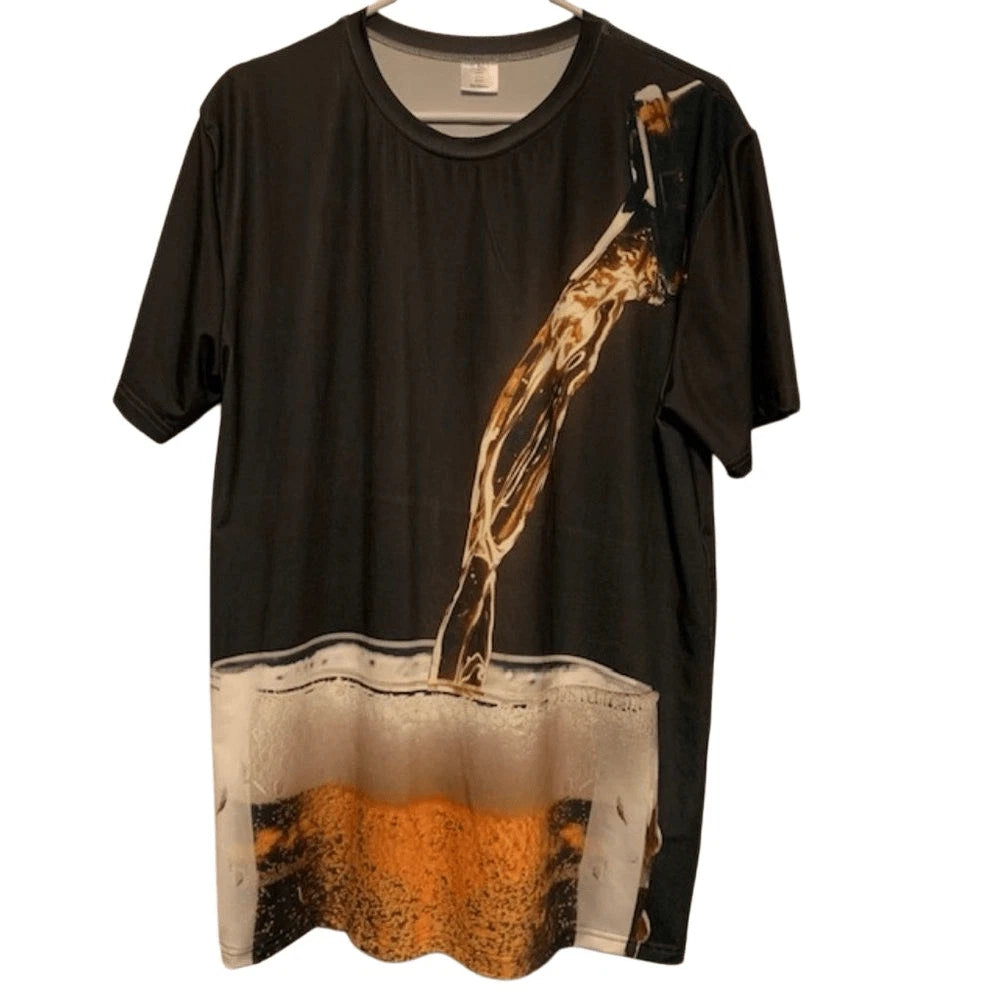SA-SHINE SIZE LARGE ALL OVER PRINT BEER POURING IN GLASS POLYESTER T-SHIRT