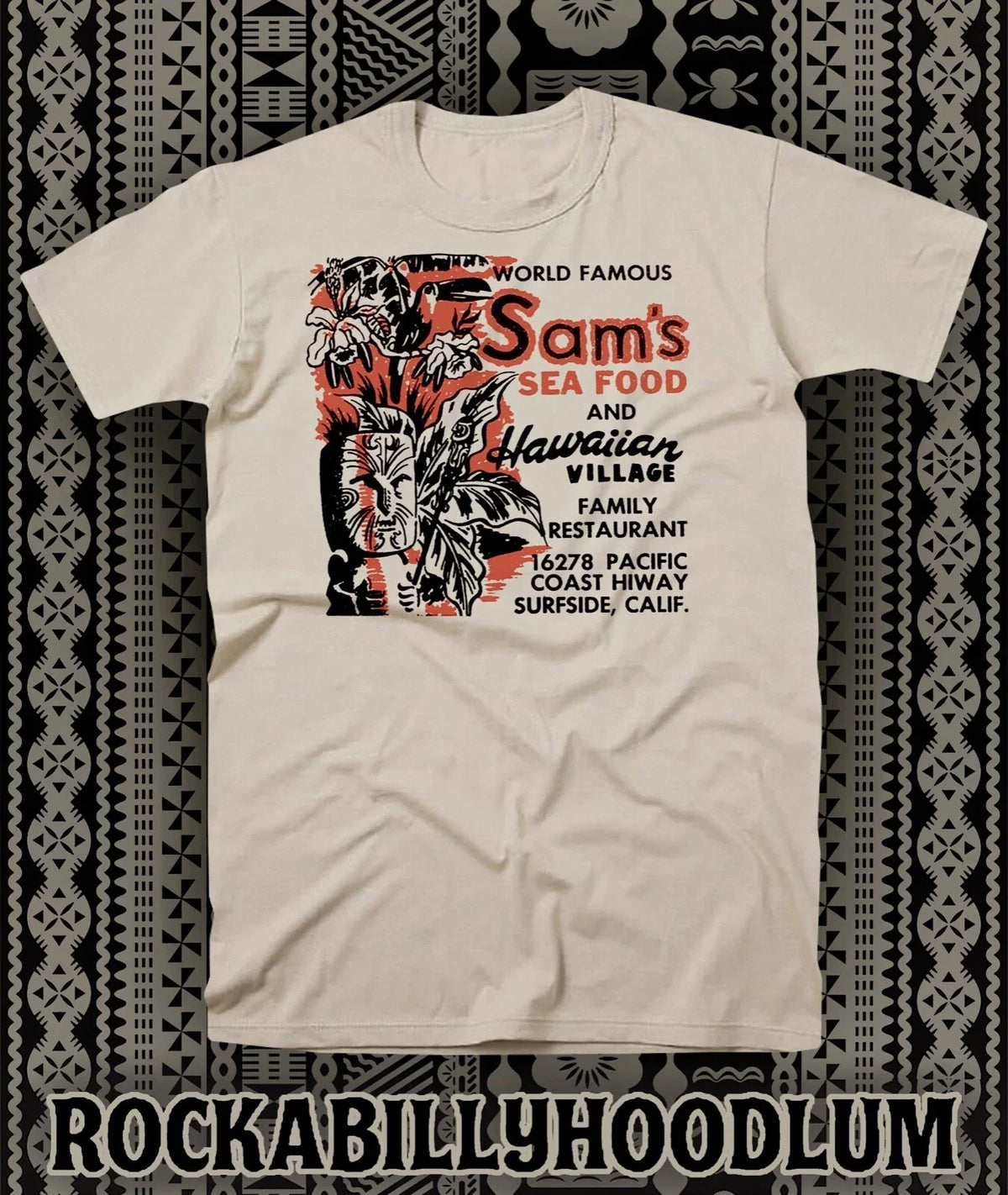 Retro Tiki Art Tee T Shirt Bar Mug Restaurant Sams Seafood Hawaiian Village CA Unisex , , , Long Sleeve Tee