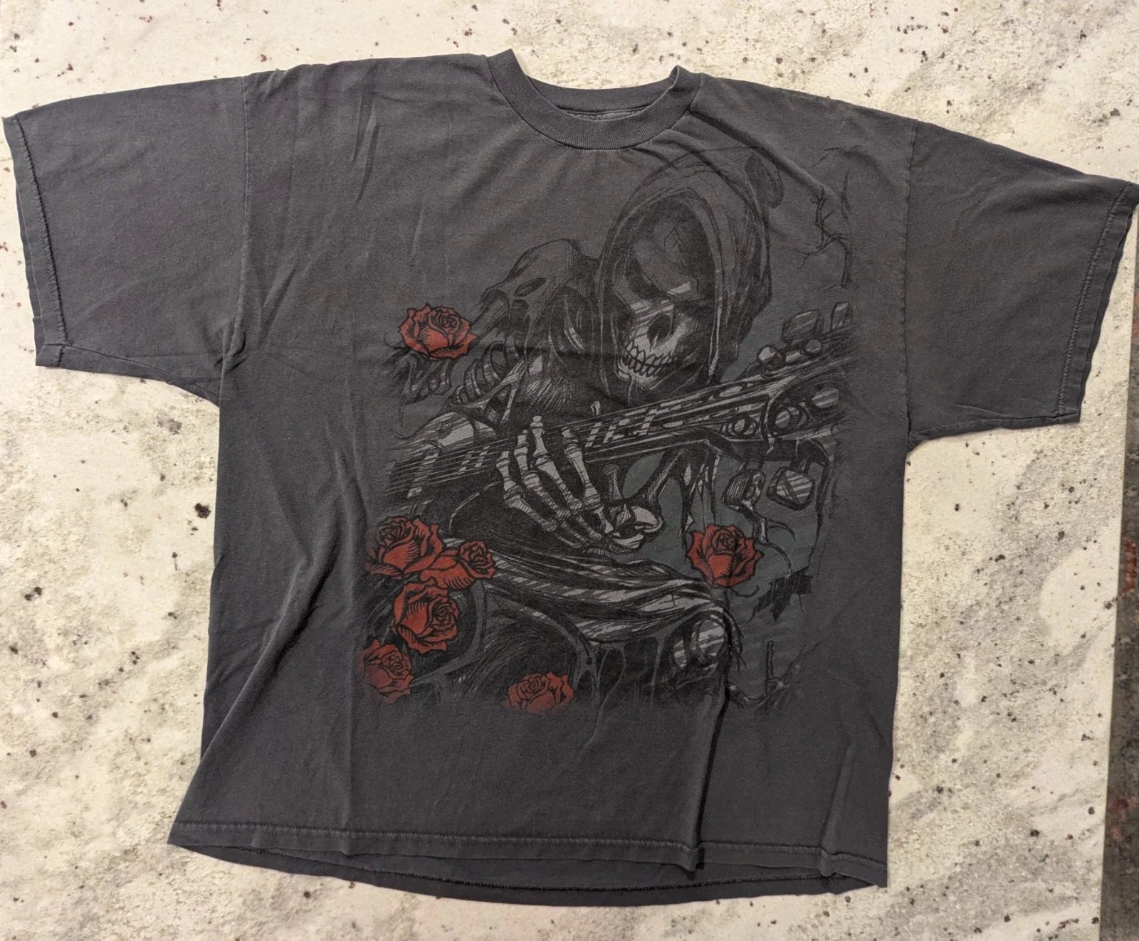 Y2K VTG Skeleton Guitar Roses Shirt Mens Blk XL Faded Goth Grunge Punk Emo Unisex , , , Long Sleeve Tee