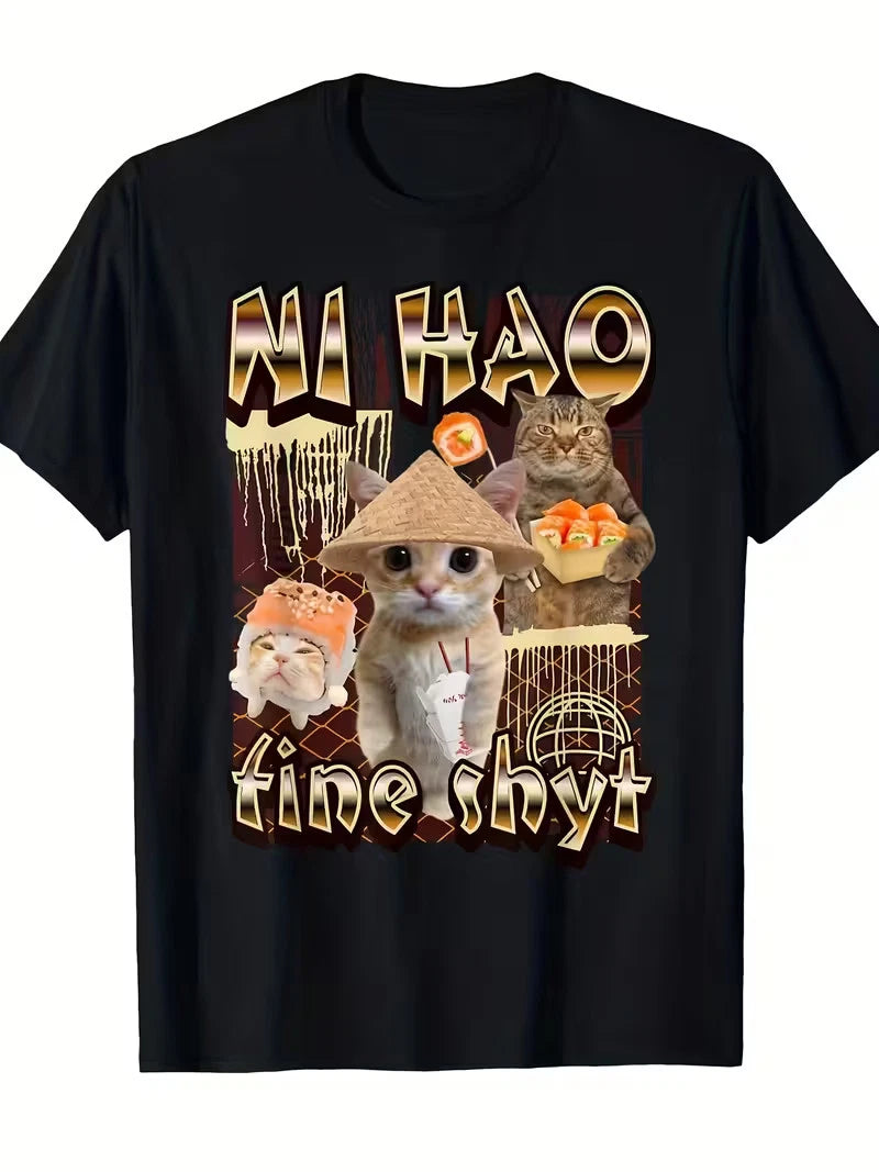 Men's /Korean Culture T-Shirt with Cute Anime Cat & Chinese Text Print - Kawaii