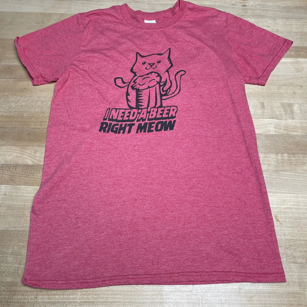 I Need a Beer Right MEOW T Shirt RED Tee Shirt - Size Small - CLEAN - LOOK