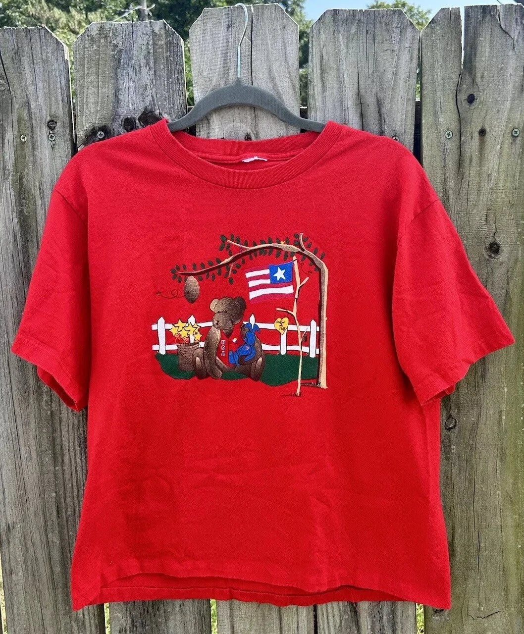 VTG Teddy Bear USA Shirt M Grandmacore Patriotic Whimsical Artsy Baggy 90s Cute Unisex , , , Long Sleeve Tee