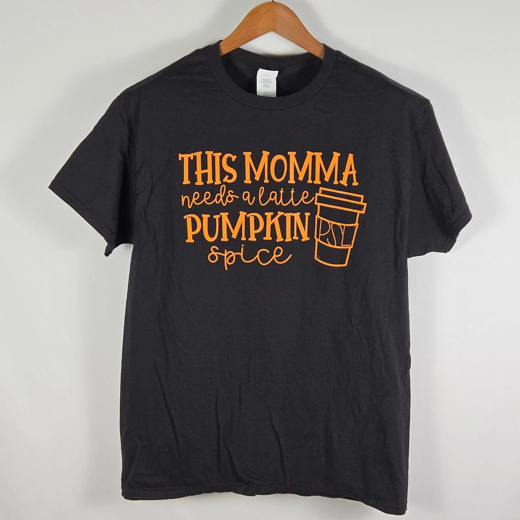 Hanes This Momma Needs a Latte Pumpkin Spice PSL Graphic T-Shirt Black L Fall