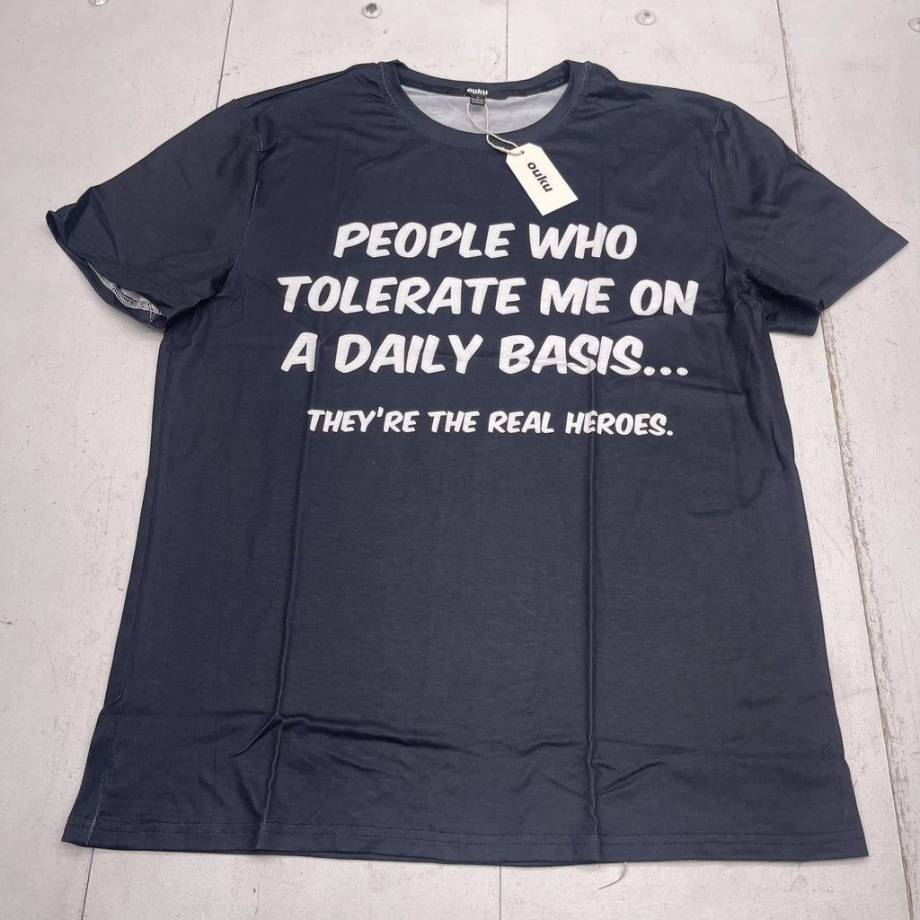 Ouku Shirt Mens Large Black Funny Graphic Novelty Quote Polyester Short Sleeve