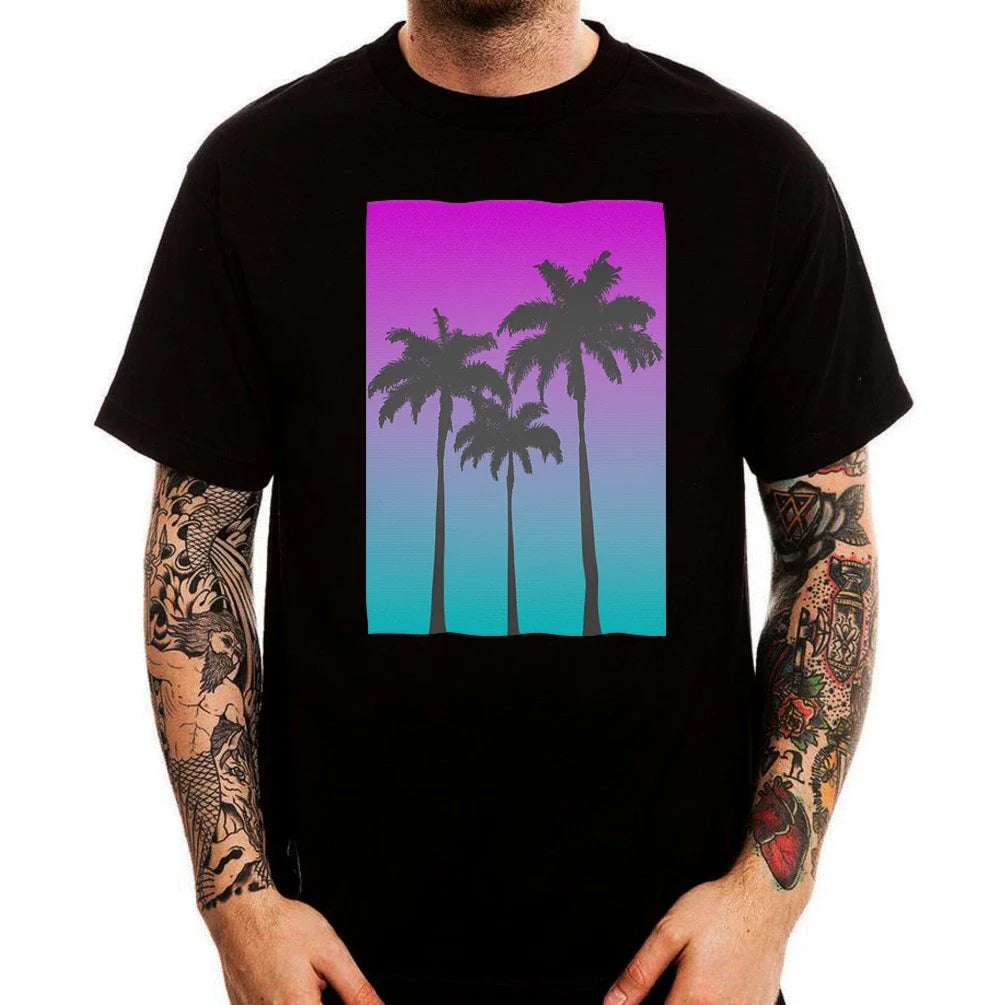 Miami Retro Beach Palms Vaporwave Aesthetics Black Cotton Men's Top Tee Unisex , , , Long Sleeve Tee