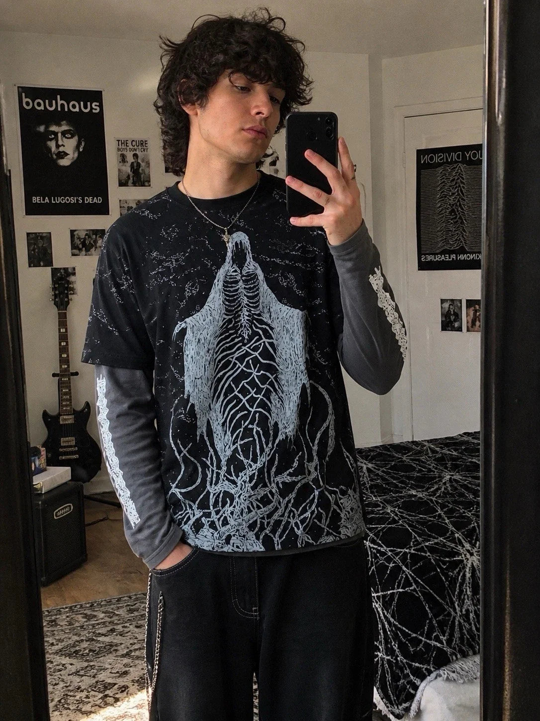 Hot Topic Skeleton Vine Twofer Shirt M Goth Grunge Alt Dark Academia Graphic Top Unisex , , , Long Sleeve Tee
