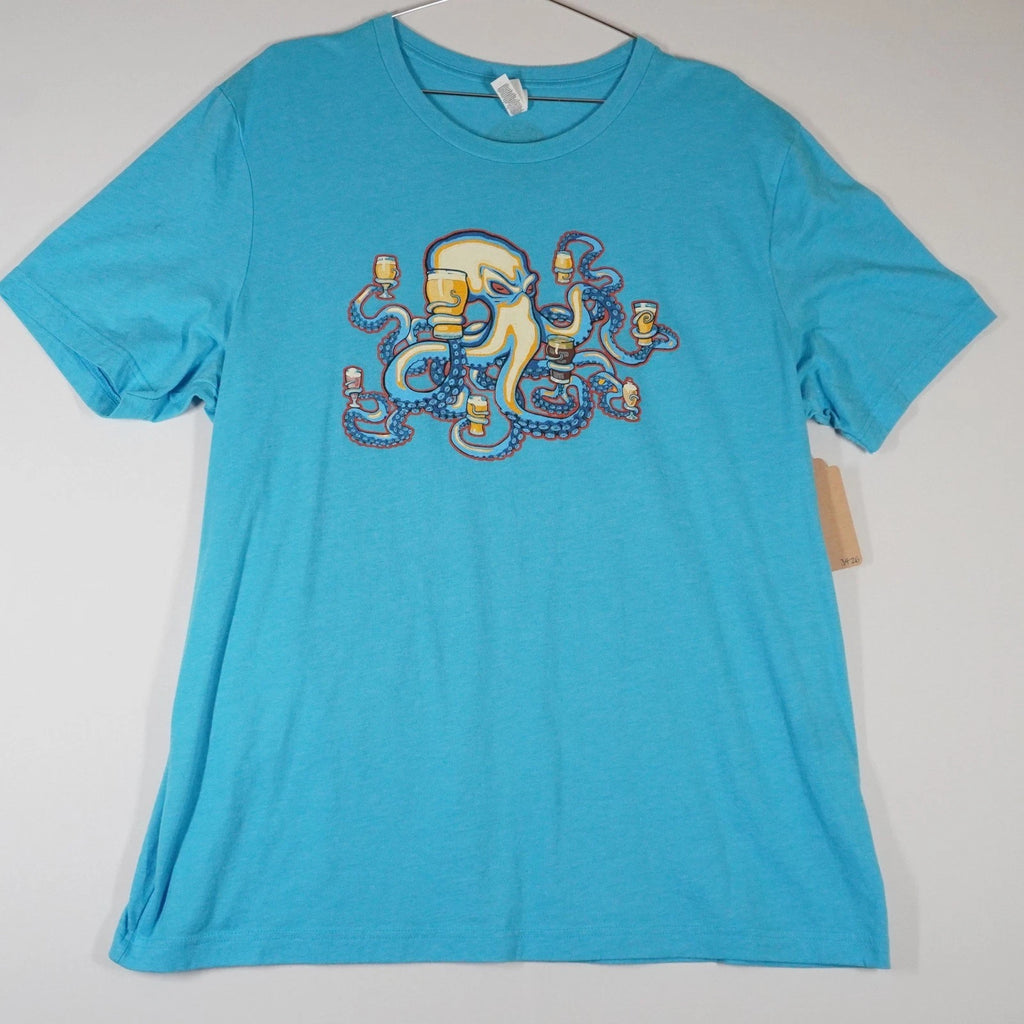 Dot & Line Brewing Octopus Beer Graphic T-Shirt Mens 2XL Turquoise Blue Canvas