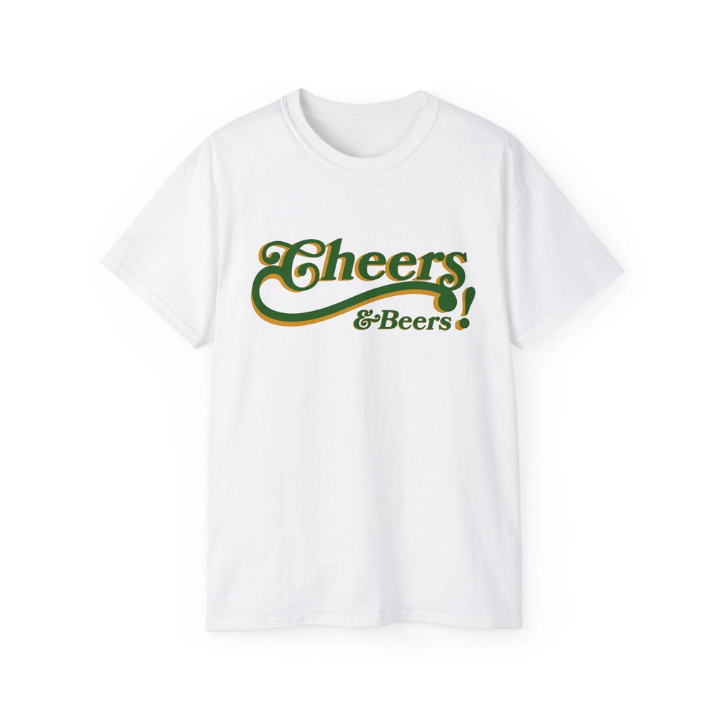 Cheers & Beers! T-Shirt | Retro Script, Green Shamrock Back, St. Patrick's Day