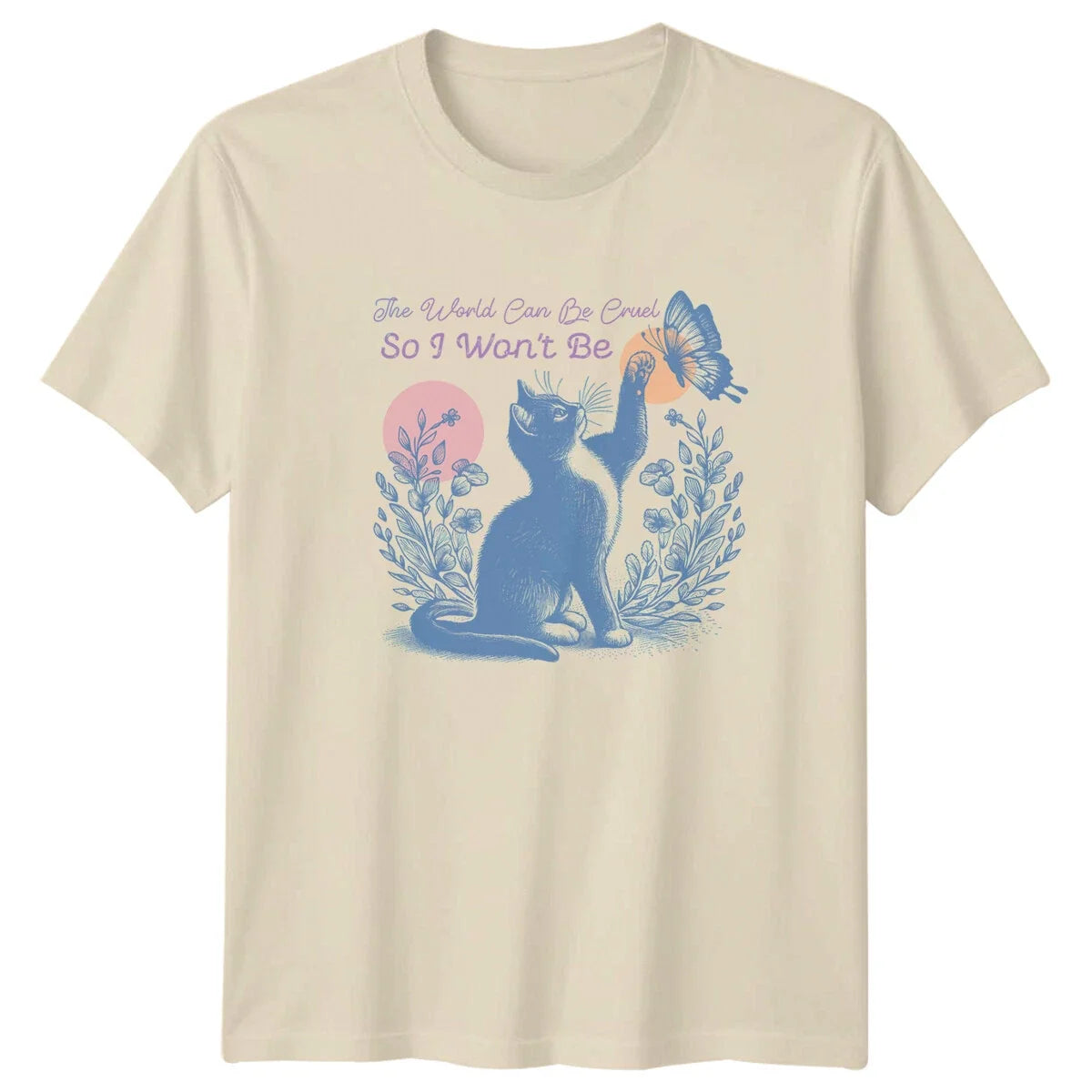 Retro Cat The World Can Be Cruel , Cute Kitten Butterfly Tee Unisex , , , Long Sleeve Tee
