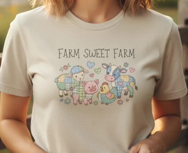 Farm Sweet Farm T Shirt Vintage Patchwork Country Aesthetic Heavy Cotton Tee Unisex , , , Long Sleeve Tee