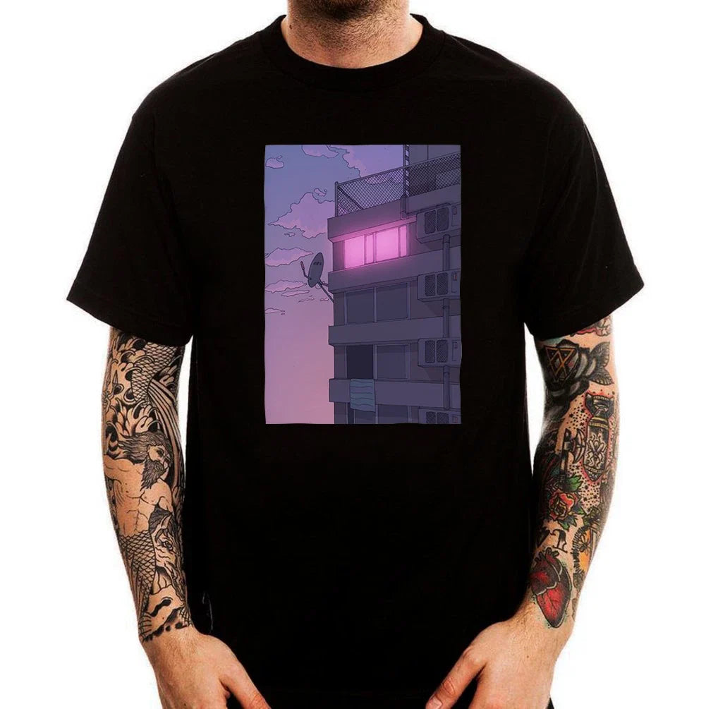 Anime Building Pink Light Japan Tokyo Aesthetic Printed Cotton Men's Top Unisex , , , Long Sleeve Tee