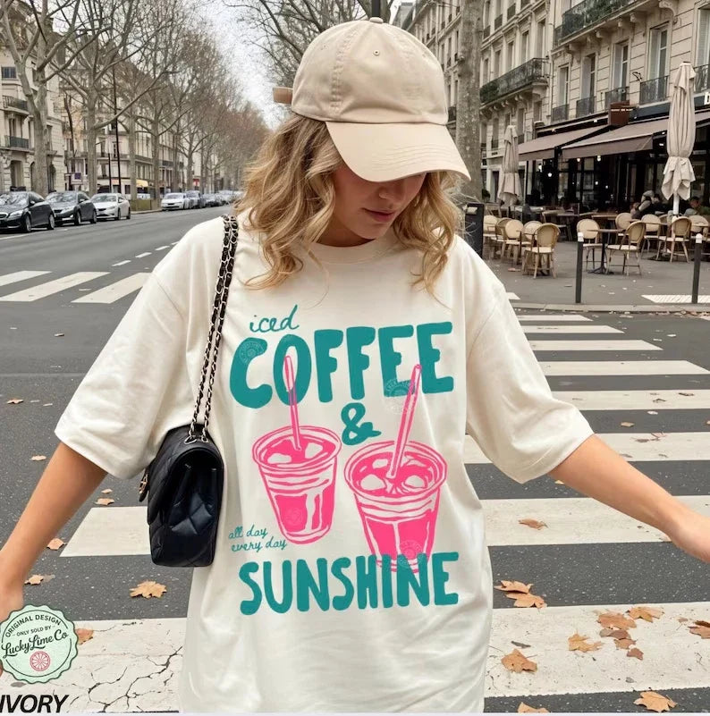 Iced Coffee And Sunshine Summer Aesthetic Cute Drink T shirt Unisex , , , Long Sleeve Tee
