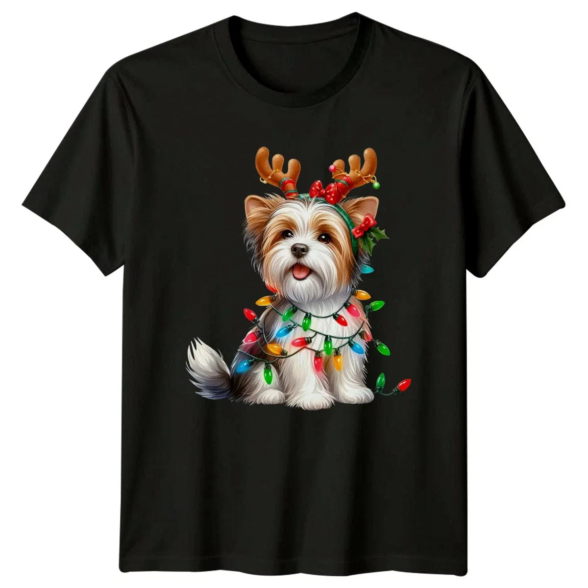 Cute Puppy Christmas Lights Holiday Mens Womens Graphic Tee Unisex , , , Long Sleeve Tee