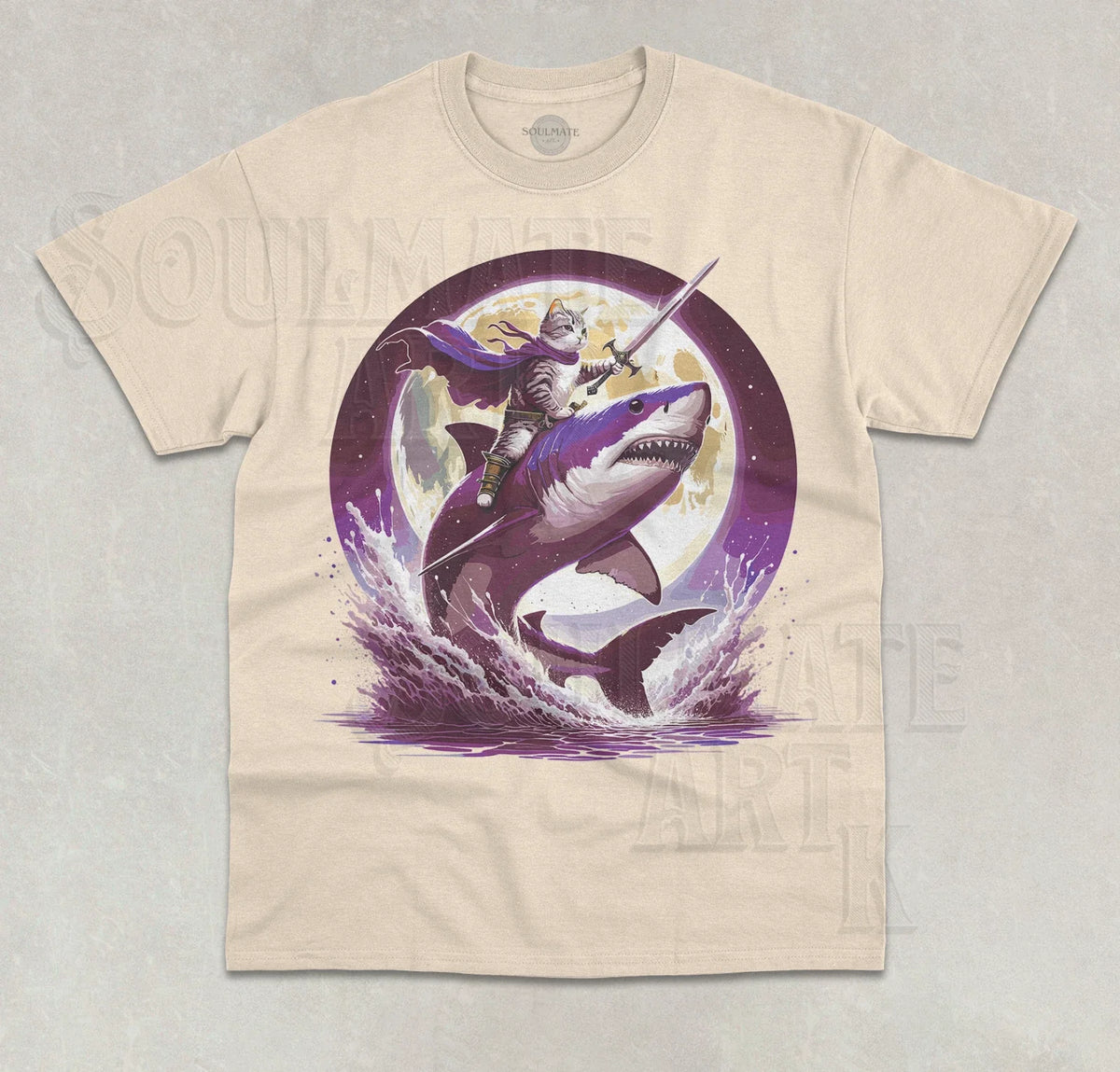Cat Riding Shark Moon Shark Lover Rider Aesthetic Unisex Graphic Shirt Unisex , , , Long Sleeve Tee