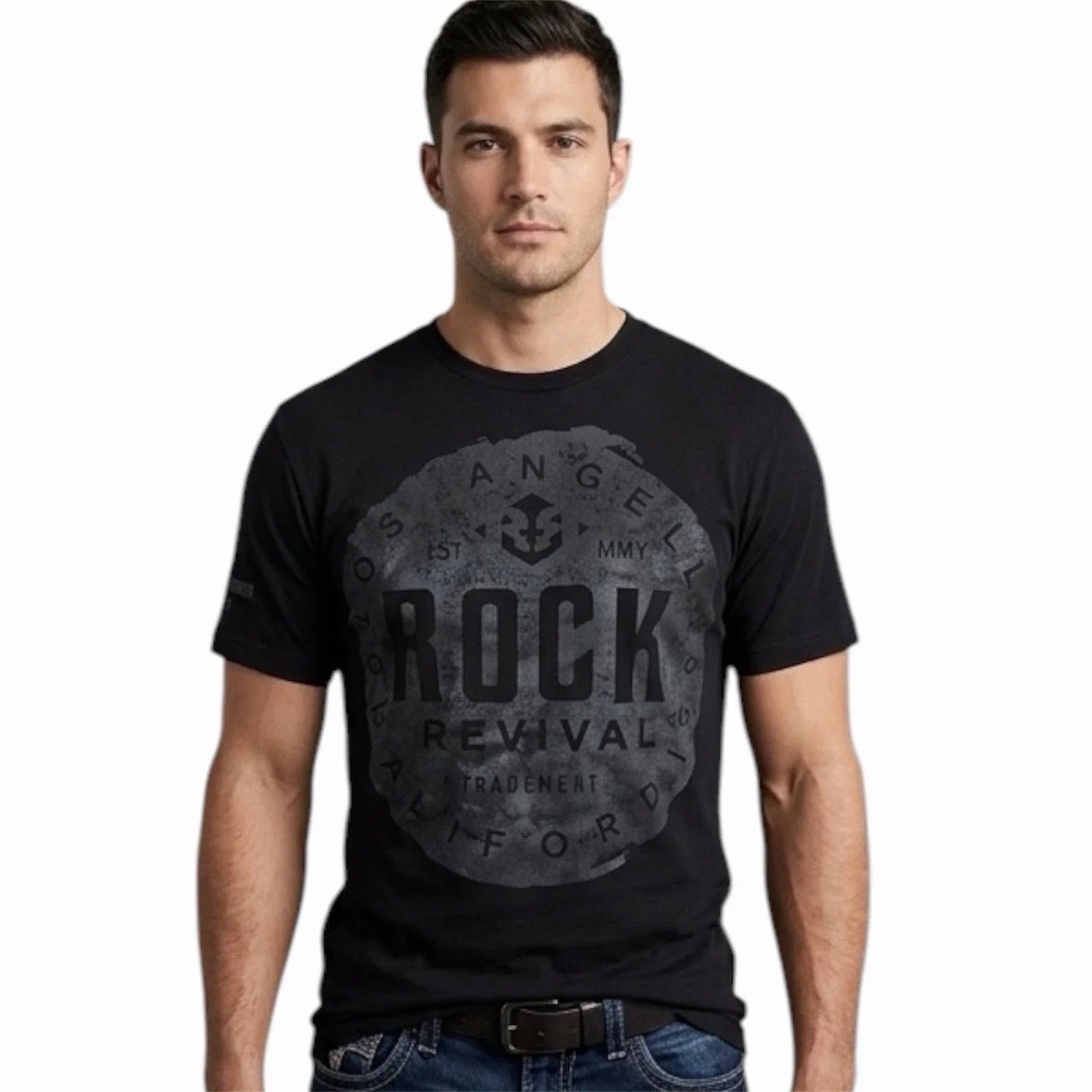 ROCK REVIVAL JEANS Black FREEMAN Regular Fit Short Sleeve Graphic NWT Unisex , , , Long Sleeve Tee
