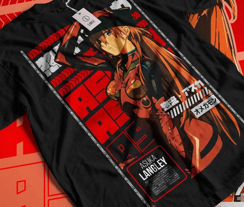 Asuka T-shirt Neon Genesis Evangelion Kawai Anime Black Shirt All Size