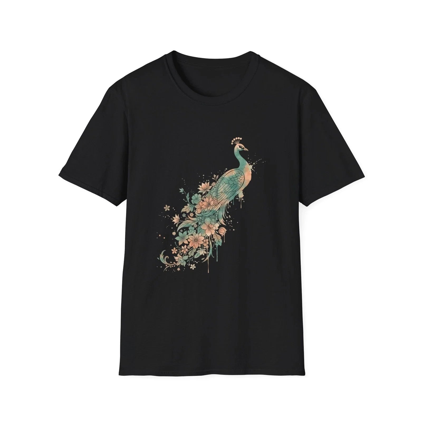 Peacock Floral Watercolor Boho Black Tee Nature Aesthetic Unisex , , , Long Sleeve Tee