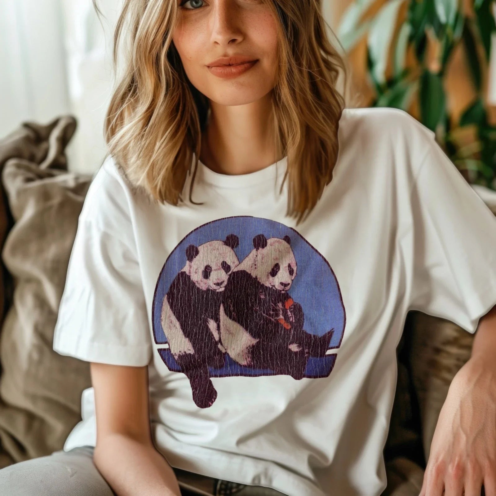 Cute Panda Bear Vintage Style Animal Graphic Aesthetic White Cotton Tee Unisex , , , Long Sleeve Tee