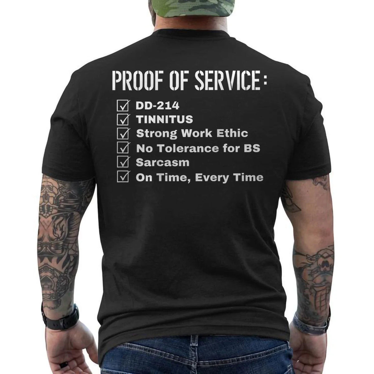 Proof Of Service DD-214 Tinnitus Strong Work Ethic Sarcasm ON BACK Unisex , , , Long Sleeve Tee
