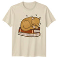 Sleeping Cat On Books - Cute Kitten Reader Graphic Tee Unisex , , , Long Sleeve Tee