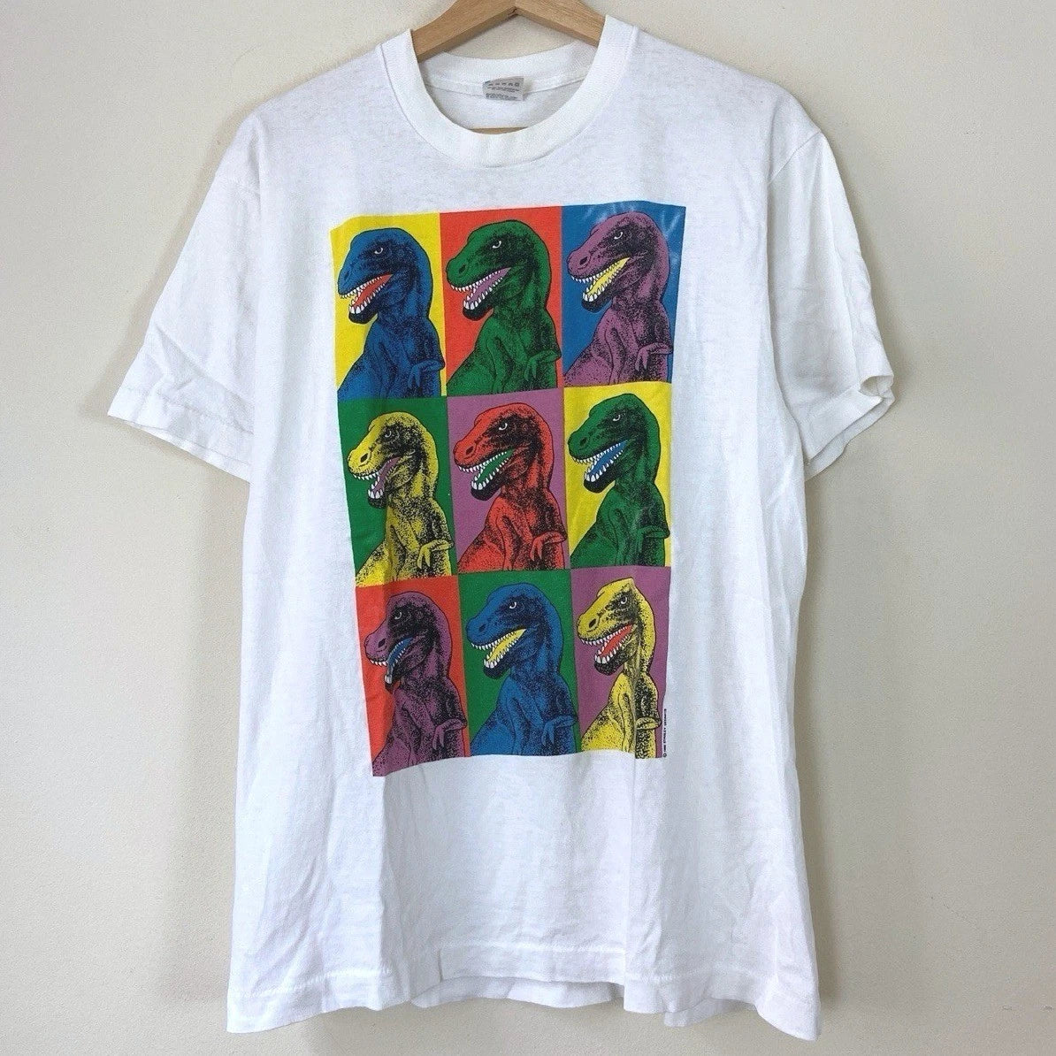 Vintage 90's Dinosaur Andy Warhol x Stanley Desantis Colorful Art White Tee - M