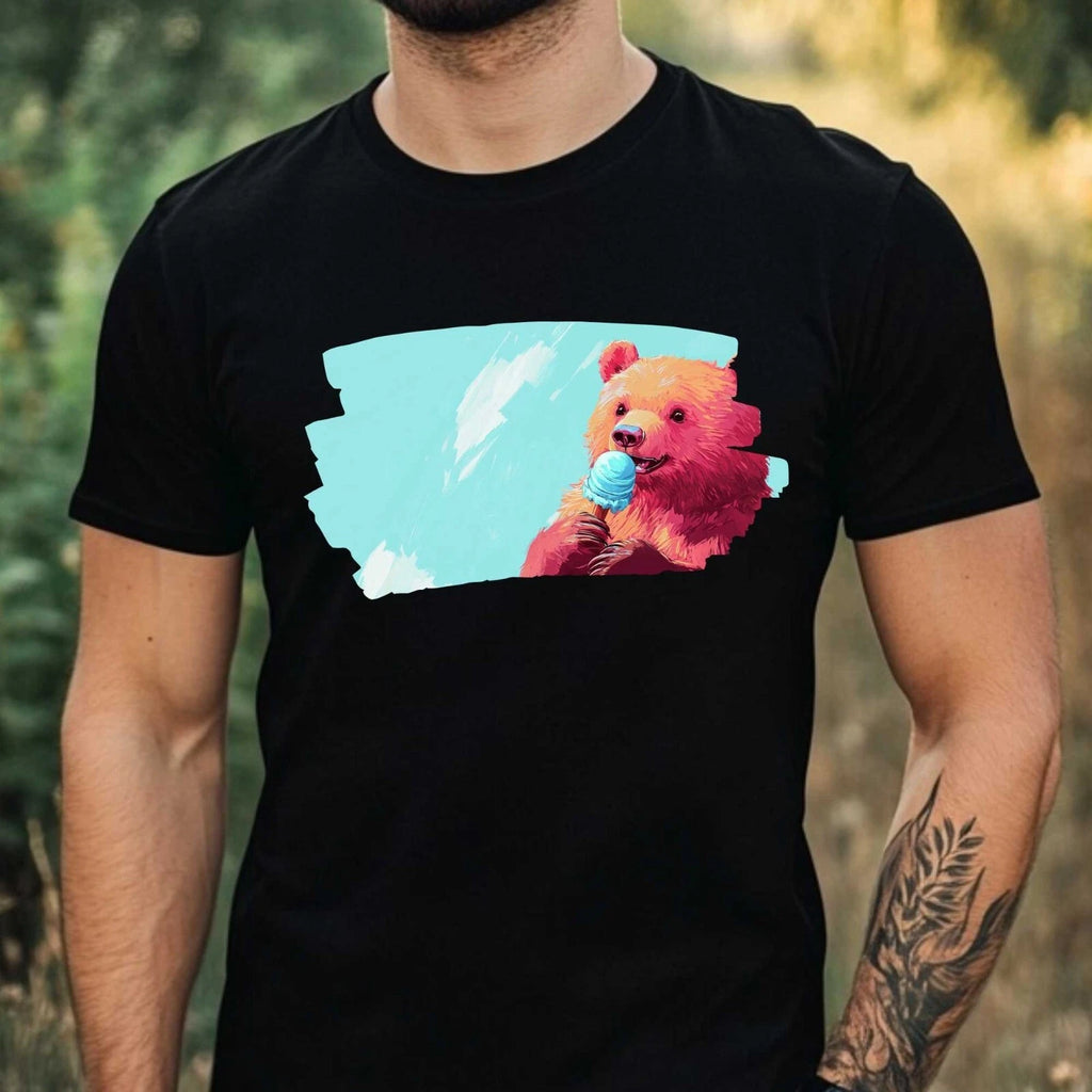 Mens Bear Eating Ice Cream Motif Cotton T-Shirt Size XS to 5XL
