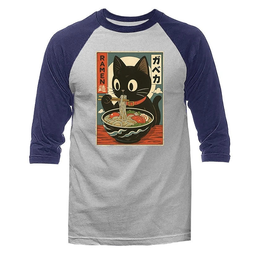 Cat Ramen Noodle Japanese Anime Manga Kawaii Cat Humorous 3/4 Sleeve Raglan