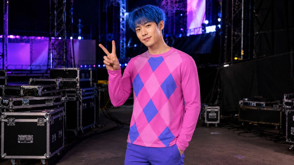 Pink and Blue Argyle Long Sleeve Shirt, Bright Kawaii JPOP KPOP Fashion