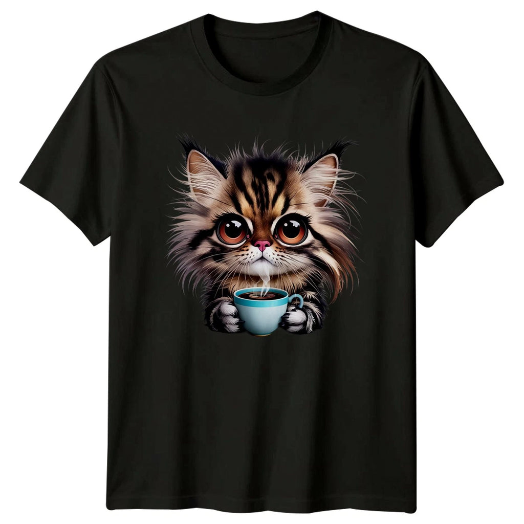 Adorable Fluffy Kitten Sipping Hot Womens T-Shirt Kawaii Animals Cat Lover