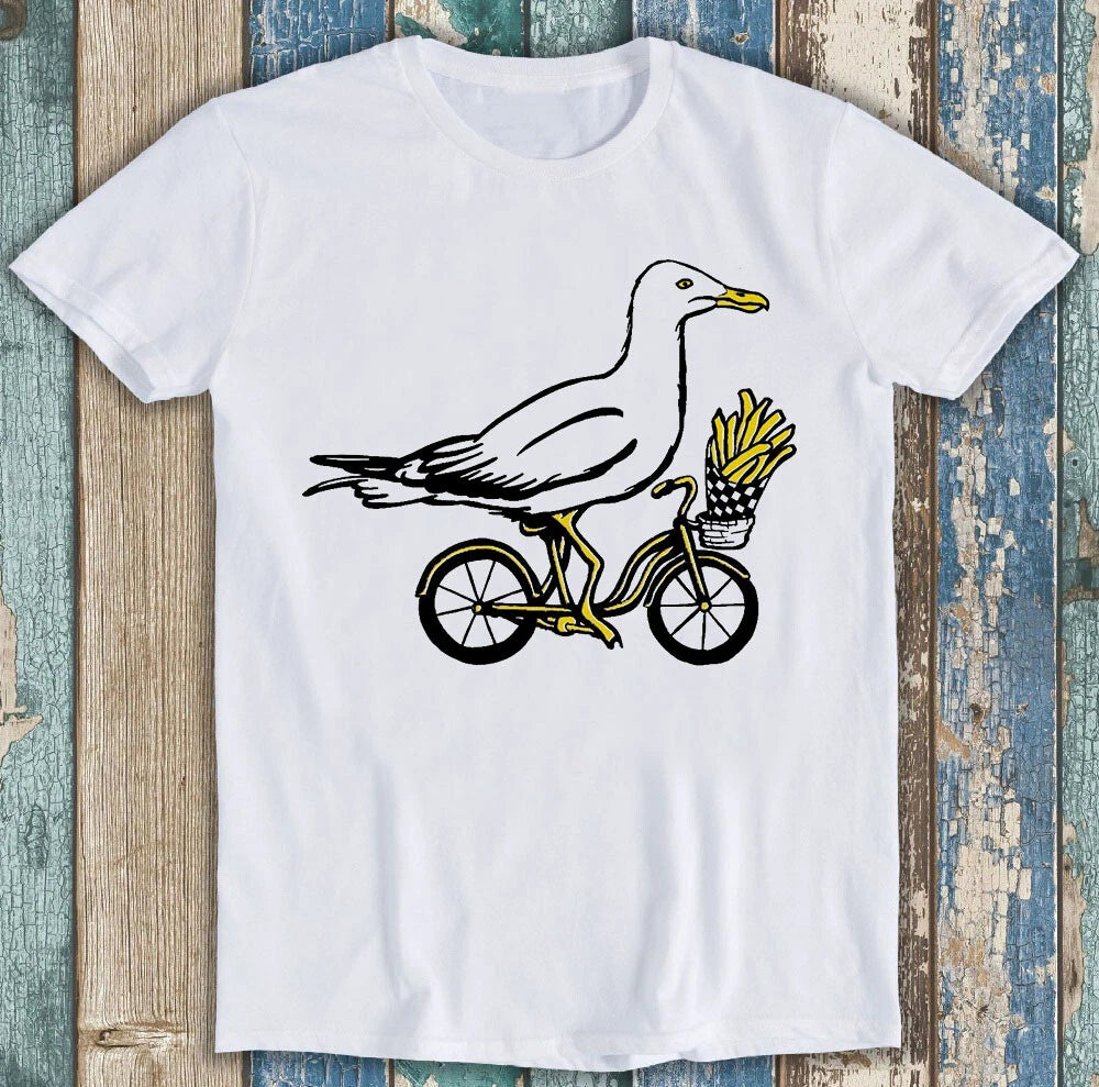 Seagull On Bike Bird Fries Cycle Parody Meme Funny Unisex Gift Tee T Shirt M2943