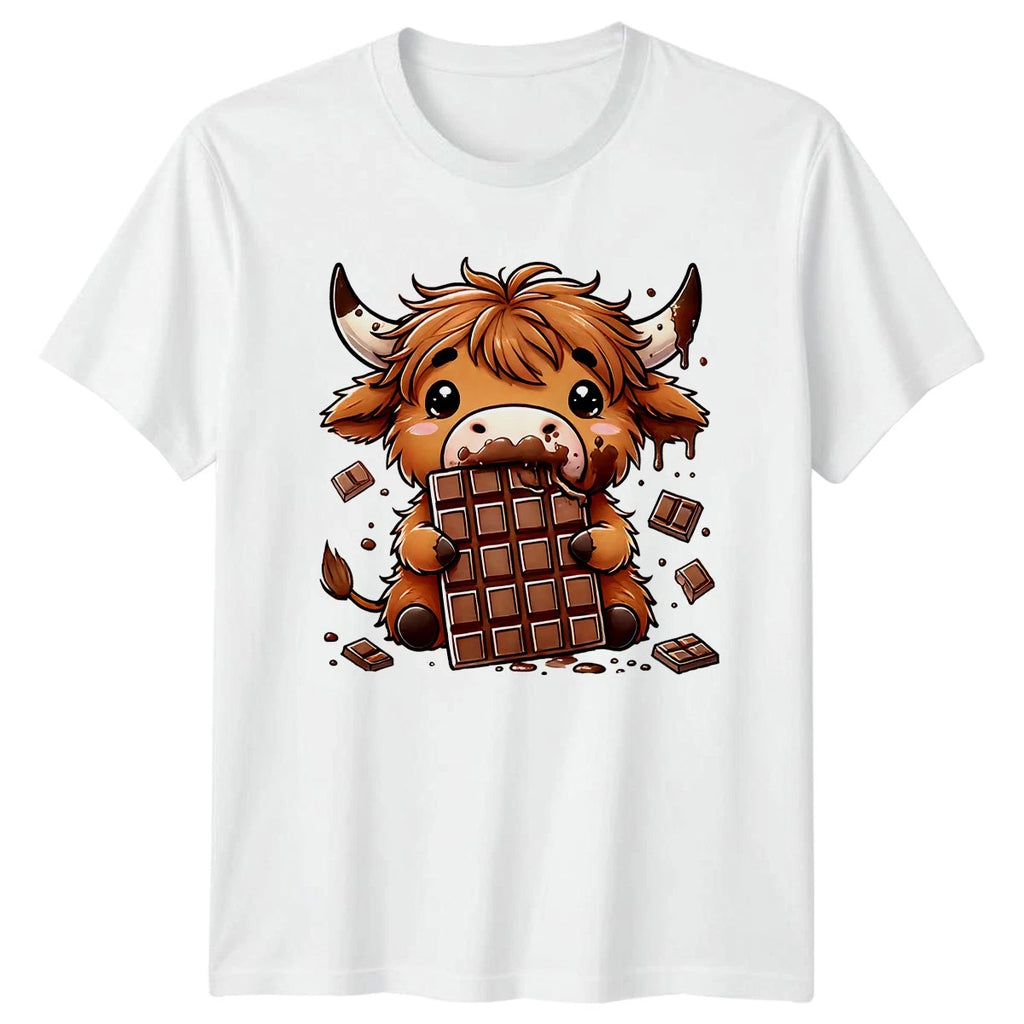 Highland Cow Eating Chocolate T-Shirt Kawaii Cattle Animal Gift For Him