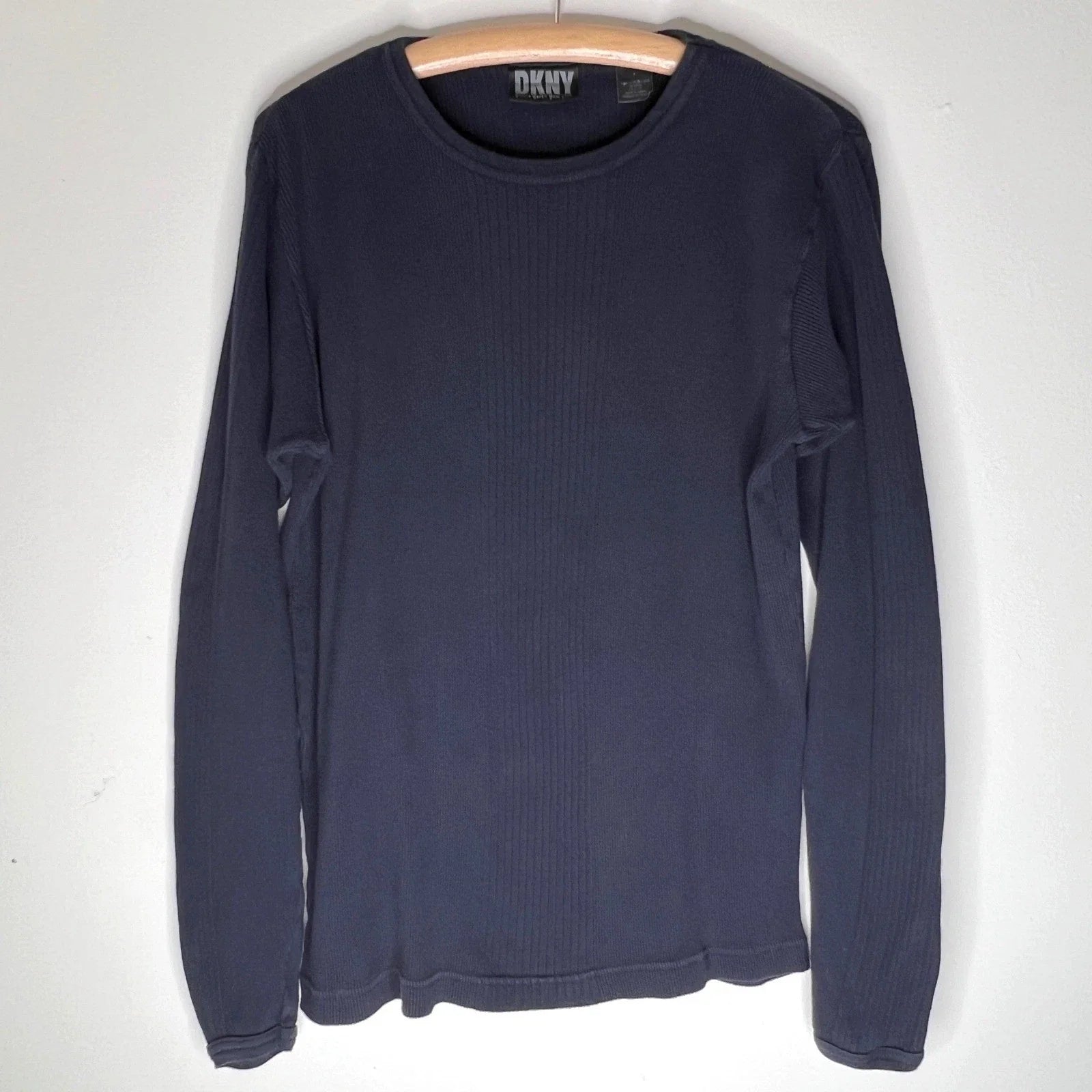 Vintage DKNY Mens Black Ribbed Knit Long Sleeve Minimalist 90s Top Size Large Unisex , , , Long Sleeve Tee