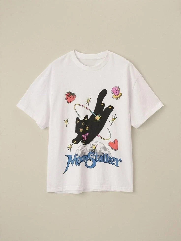 Moon Stalker Cat Cute Space Aesthetic Graphic T shirt Unisex , , , Long Sleeve Tee
