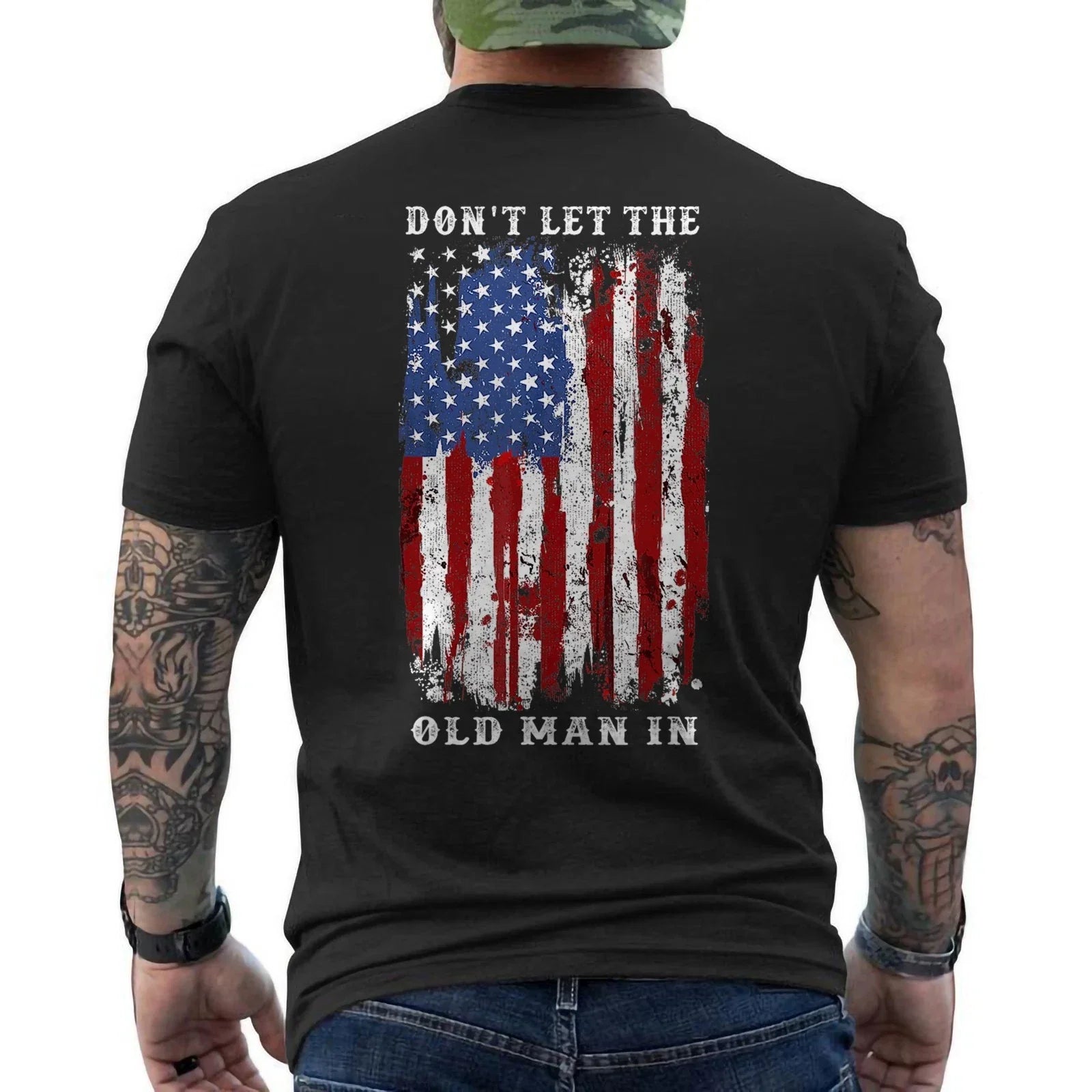 Don't Let The Old Man In Vintage American Flag ON BACK Unisex , , , Long Sleeve Tee