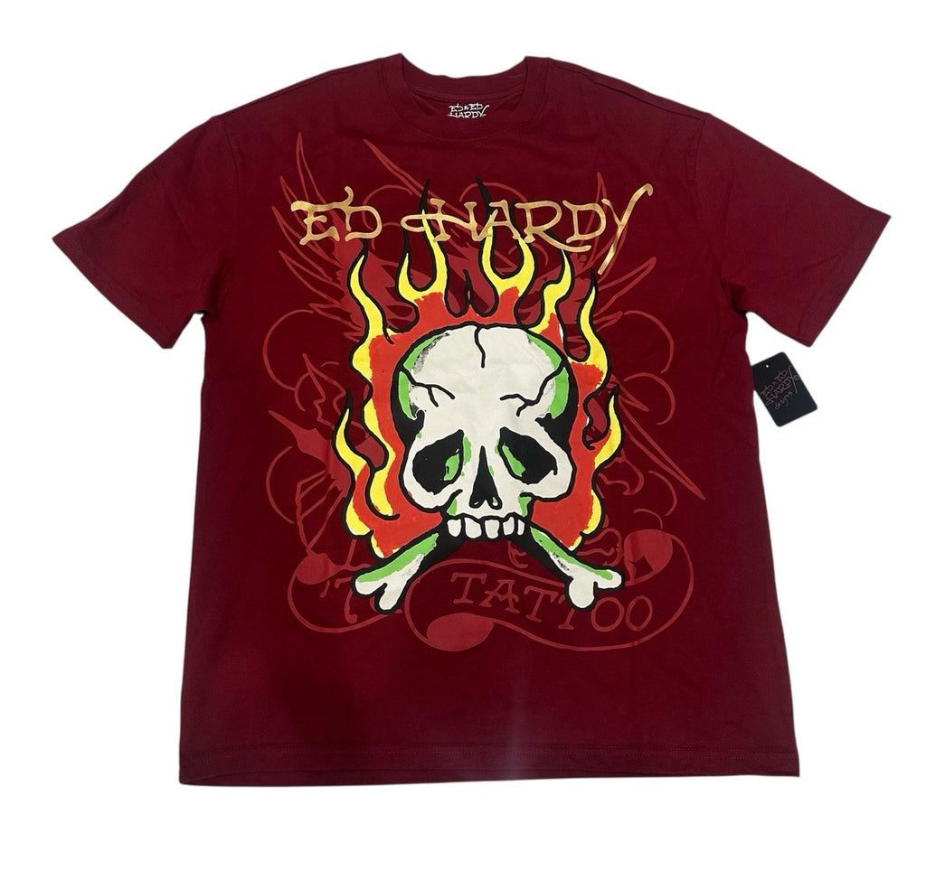 Ed Hardy Men's Short Sleeve T-Shirt Skull Bones Flames Size L Wine Color New