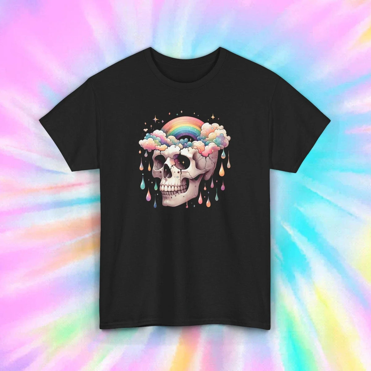 Skull Rainbow Cloud Raindrops Aesthetic Dark Humor Graphic S-5XL Unisex , , , Long Sleeve Tee