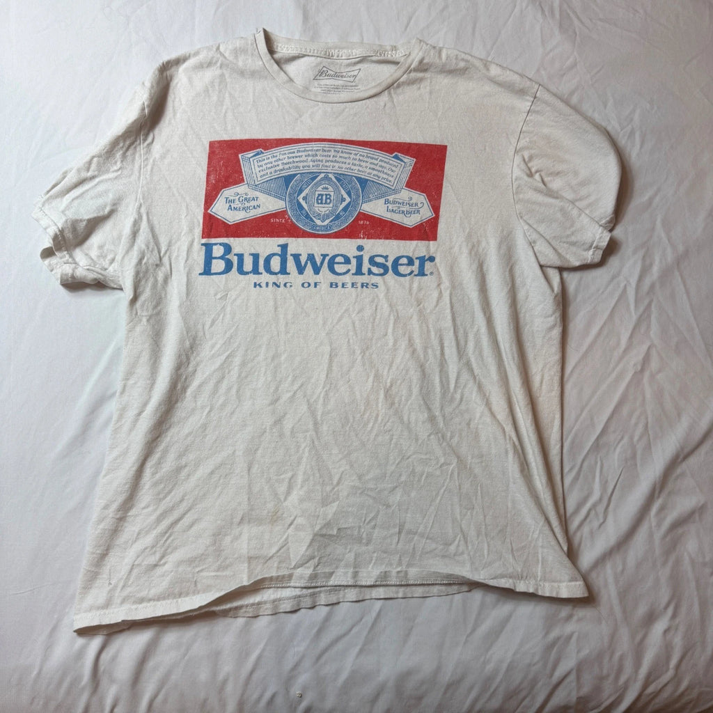 Budweiser King of Beers Graphic T-Shirt Mens XL Cream White Cotton Short Sleeve