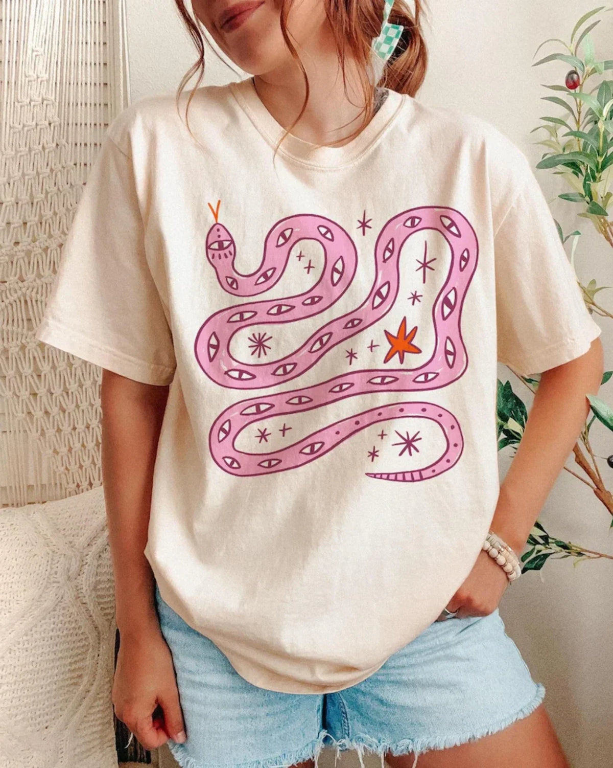 Cute Pink Snake Cartoon Aesthetic Minimal Art Graphic T shirt Unisex , , , Long Sleeve Tee